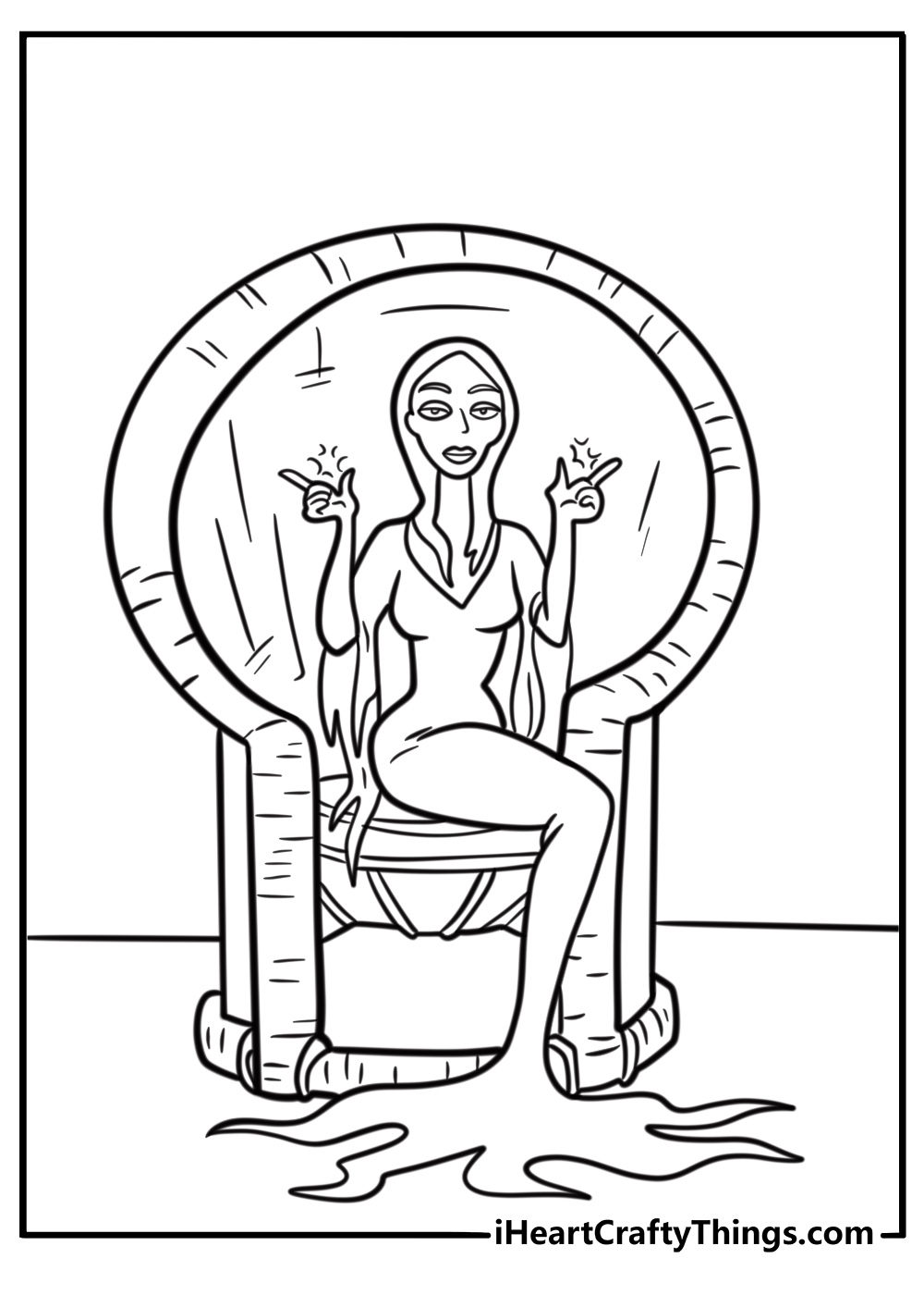 Gomez sitting in a gothic armchair coloring page