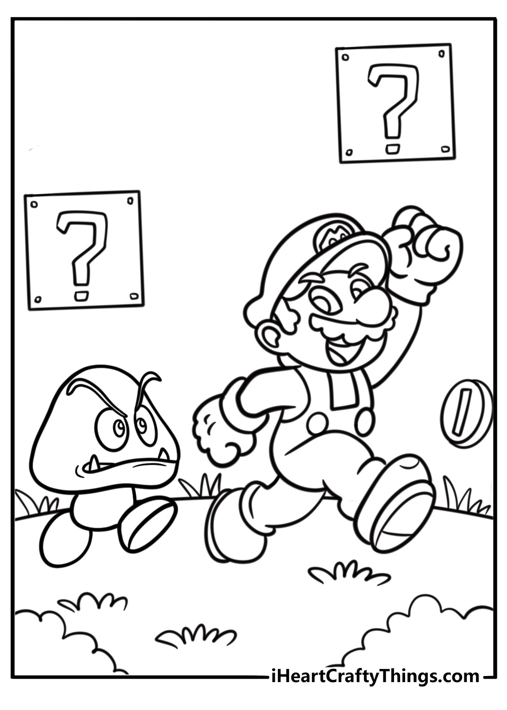 Goomba chasing Mario on a platform coloring page
