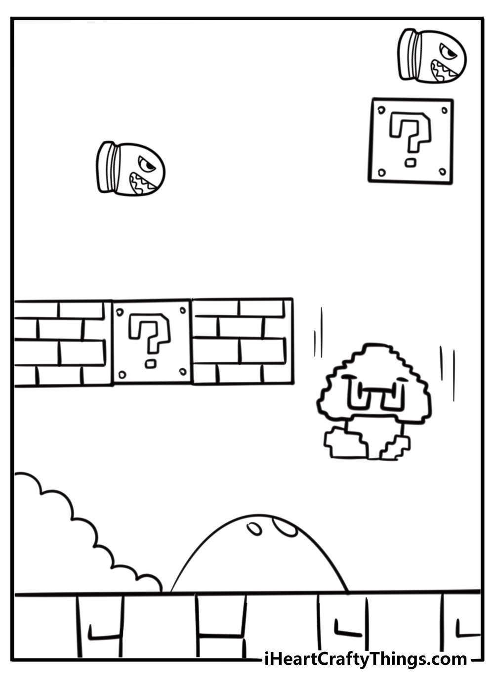 Goomba falling off a cliff edge printable coloring sheet