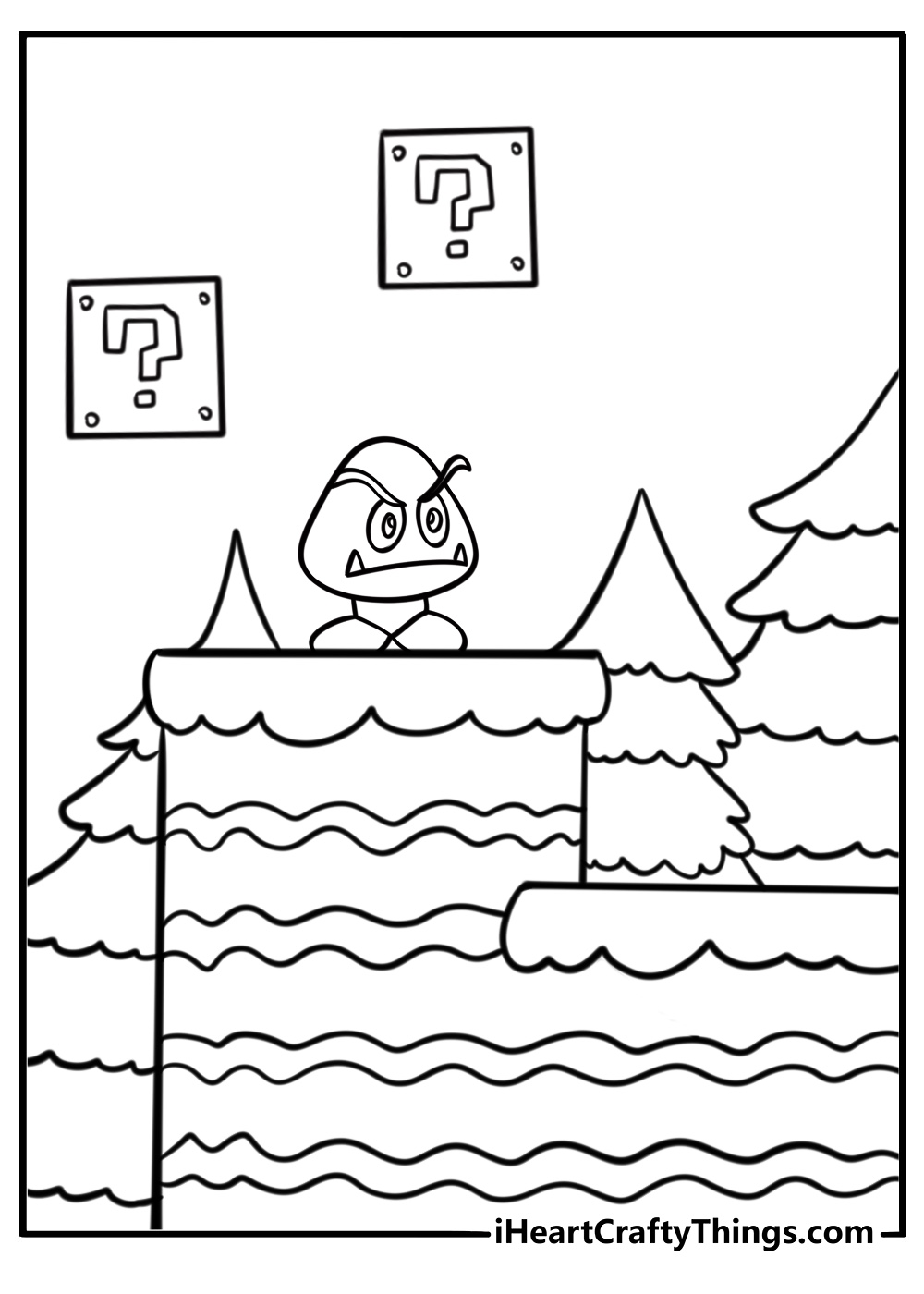 Goomba in a snowy Mario world detailed coloring sheet