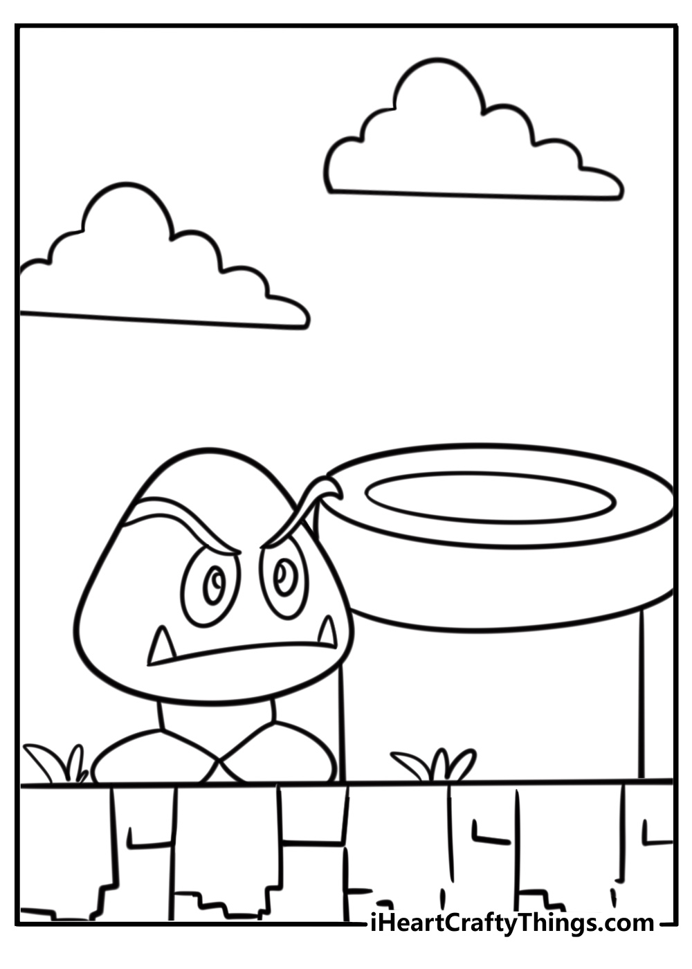Goomba in front of a warp pipe coloring page