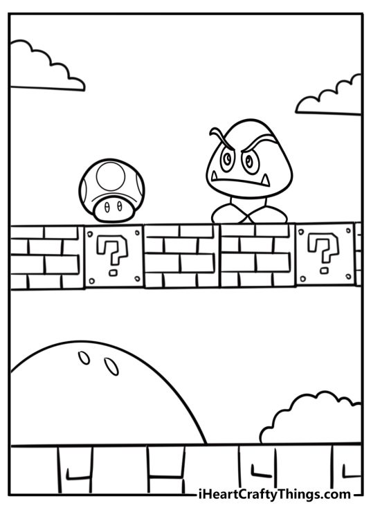 Goomba next to a green mushroom free coloring page pdf