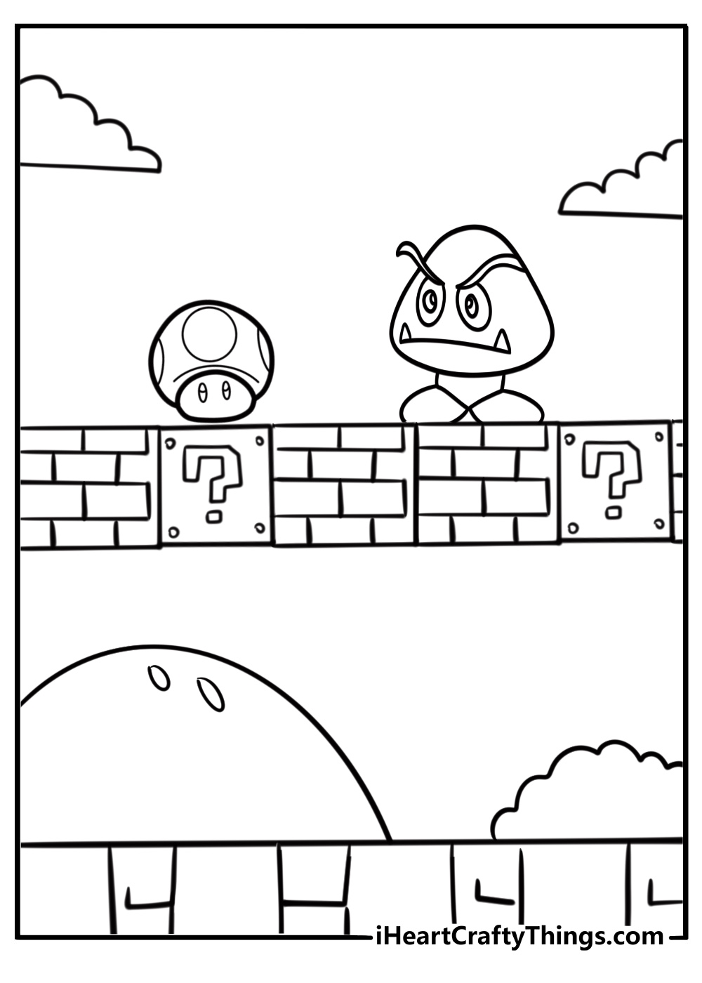 Goomba next to a green mushroom free coloring page pdf
