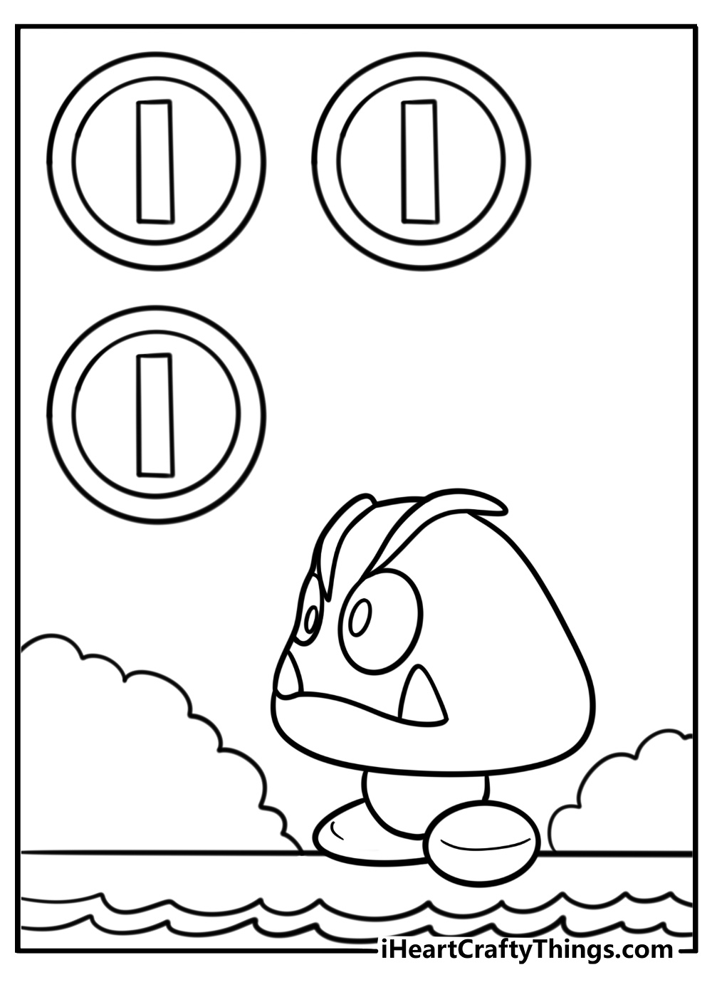 Goomba next to floating coins coloring page