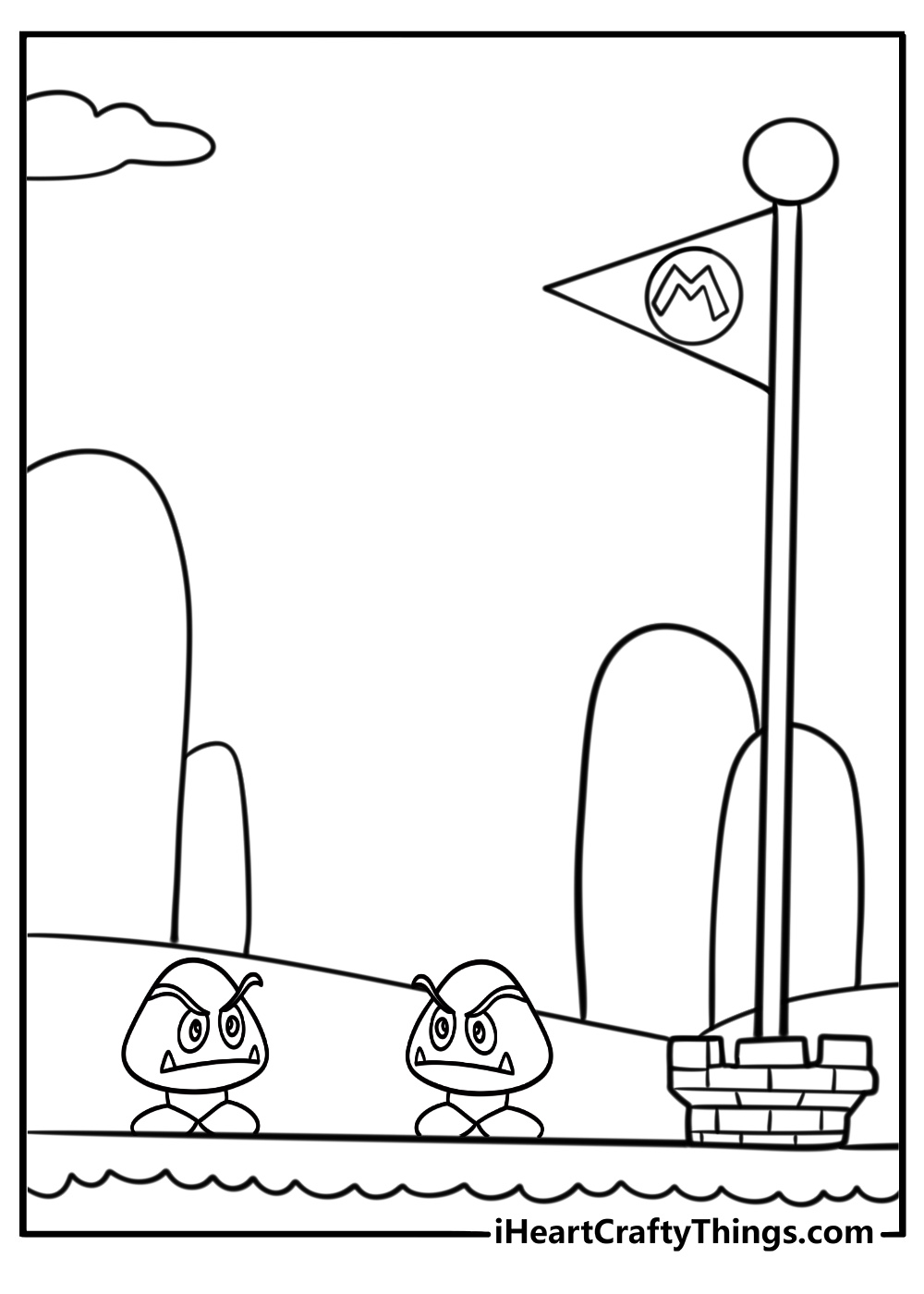 Goomba standing in front of a flagpole coloring page