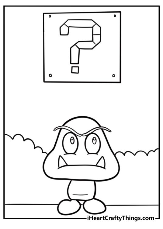 Goomba standing under a question block printable coloring sheet