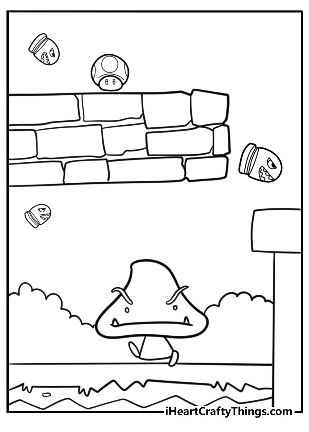 Goomba under a brick block detailed coloring sheet