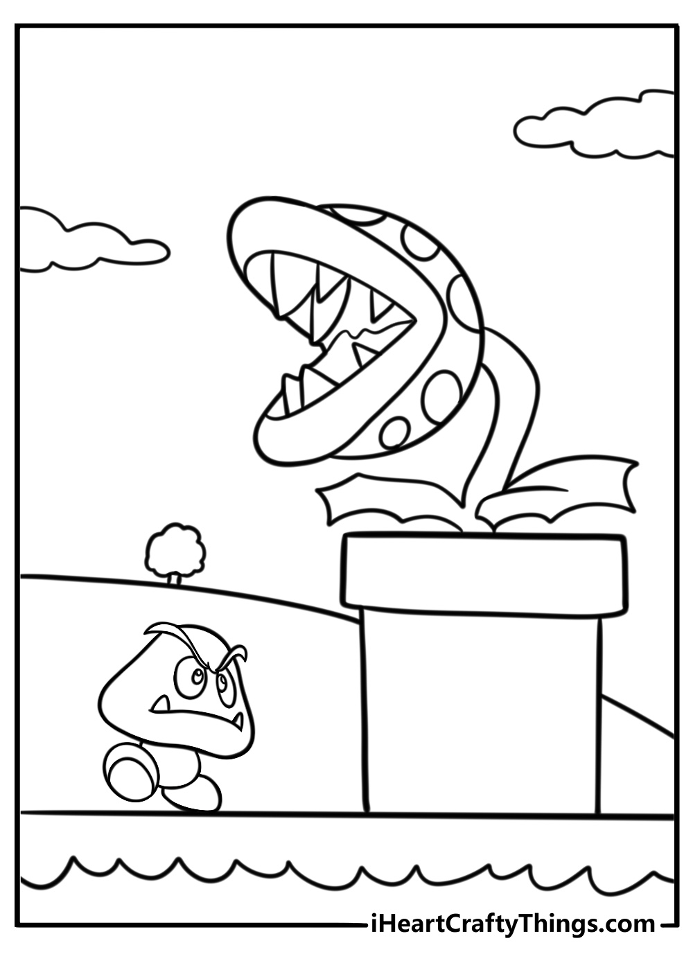 Goomba walking near a piranha plant free coloring page pdf