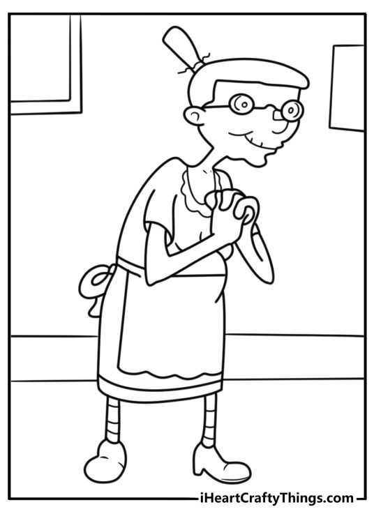 Grandma Pookie wearing a costume in the kitchen coloring page