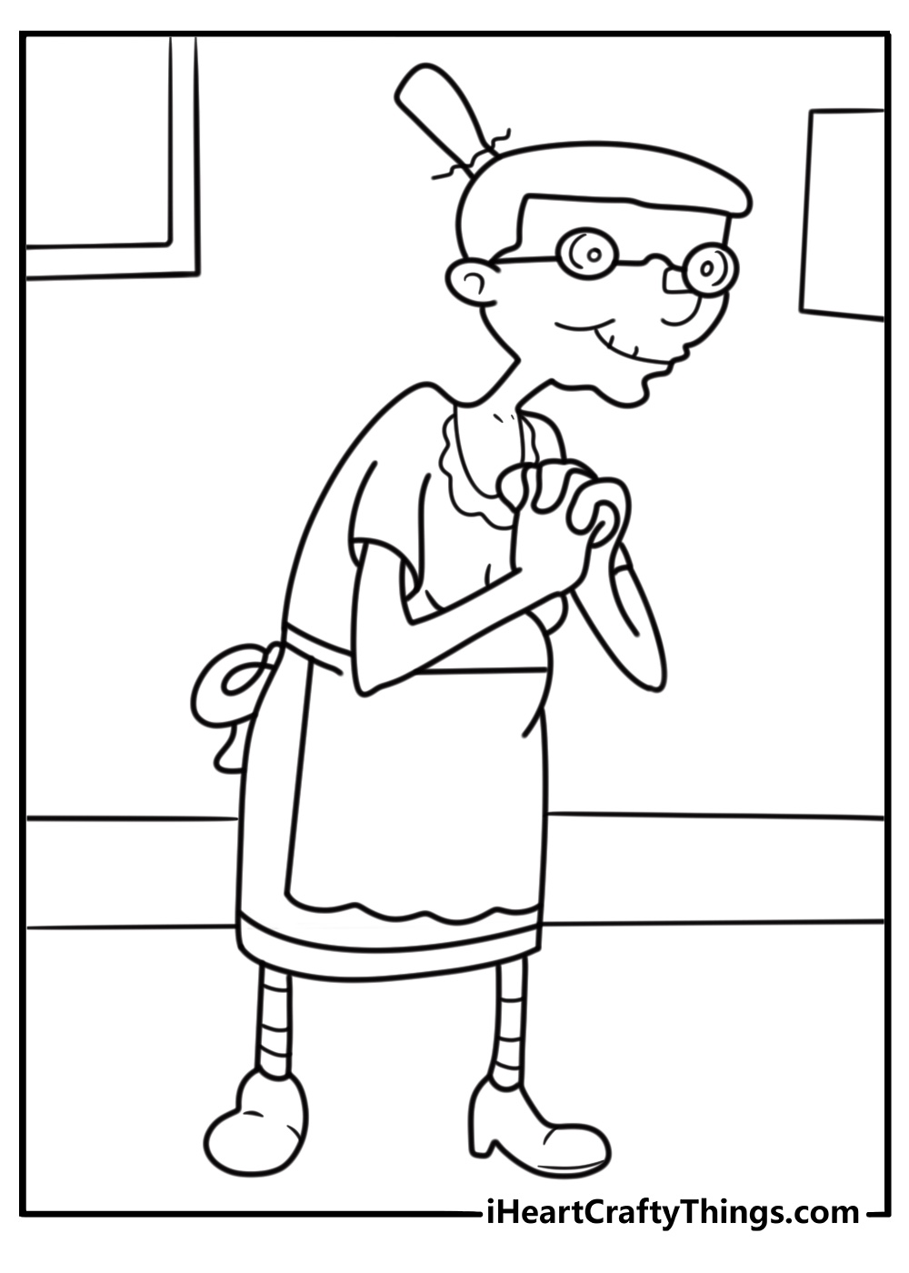 Grandma Pookie wearing a costume in the kitchen coloring page