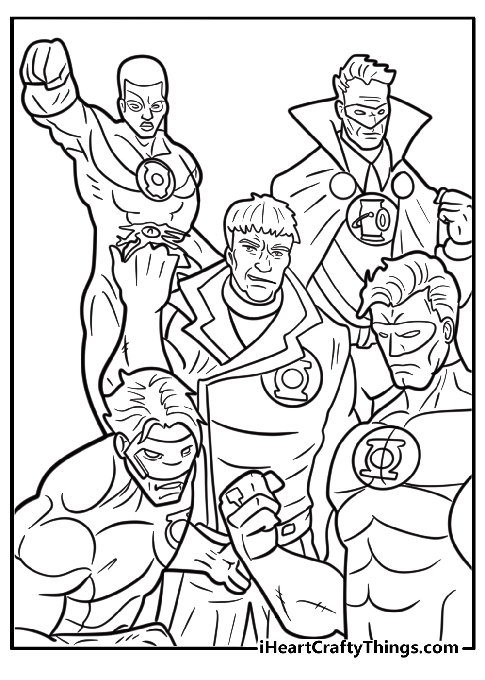 Green Lantern Corps team standing together coloring page