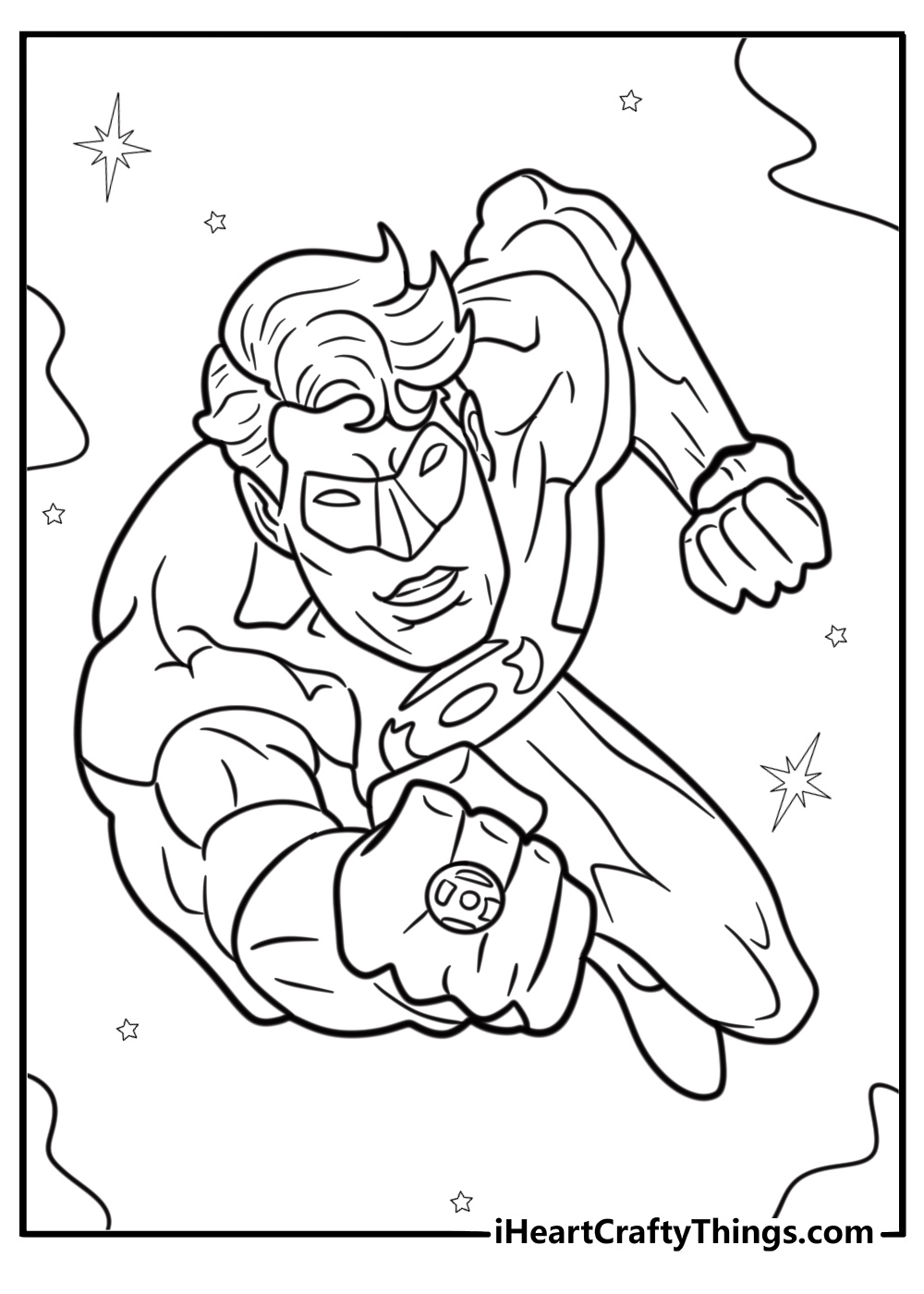 Green Lantern flying among the stars coloring page