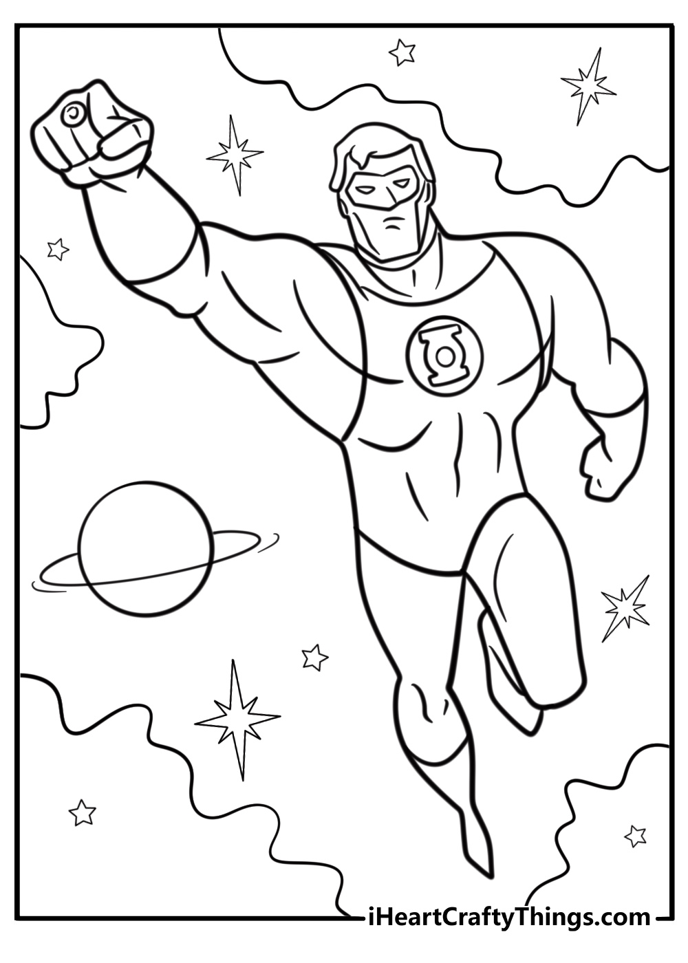 Green Lantern flying through space coloring page