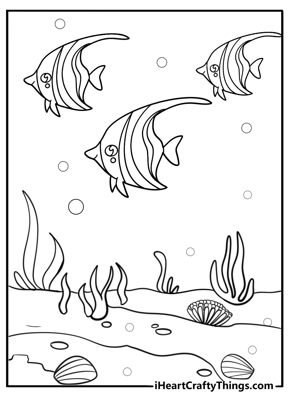 Group of angelfish in a coral reef coloring page