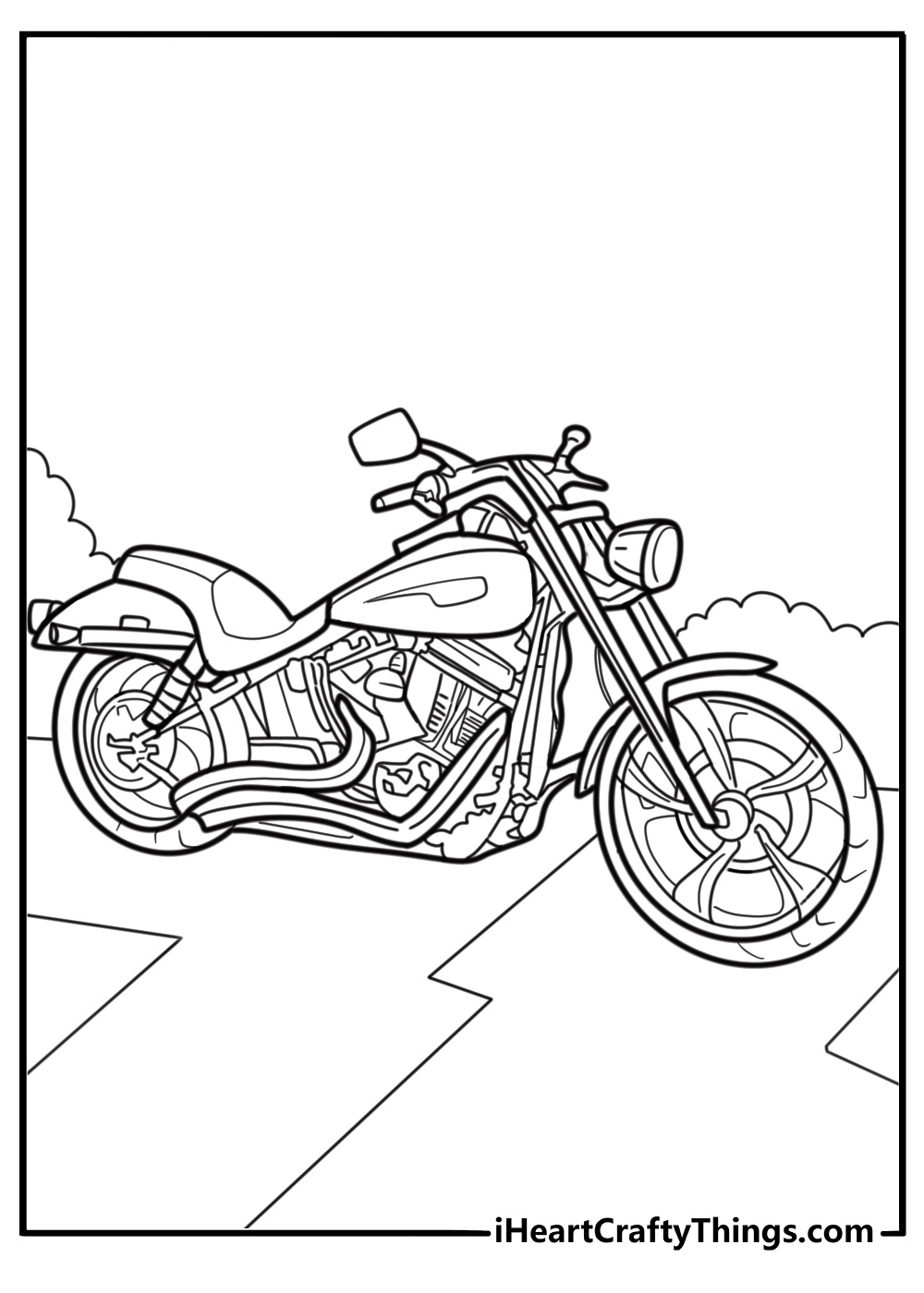 Harley Davidson Dyna model parked in alleyway coloring sheet