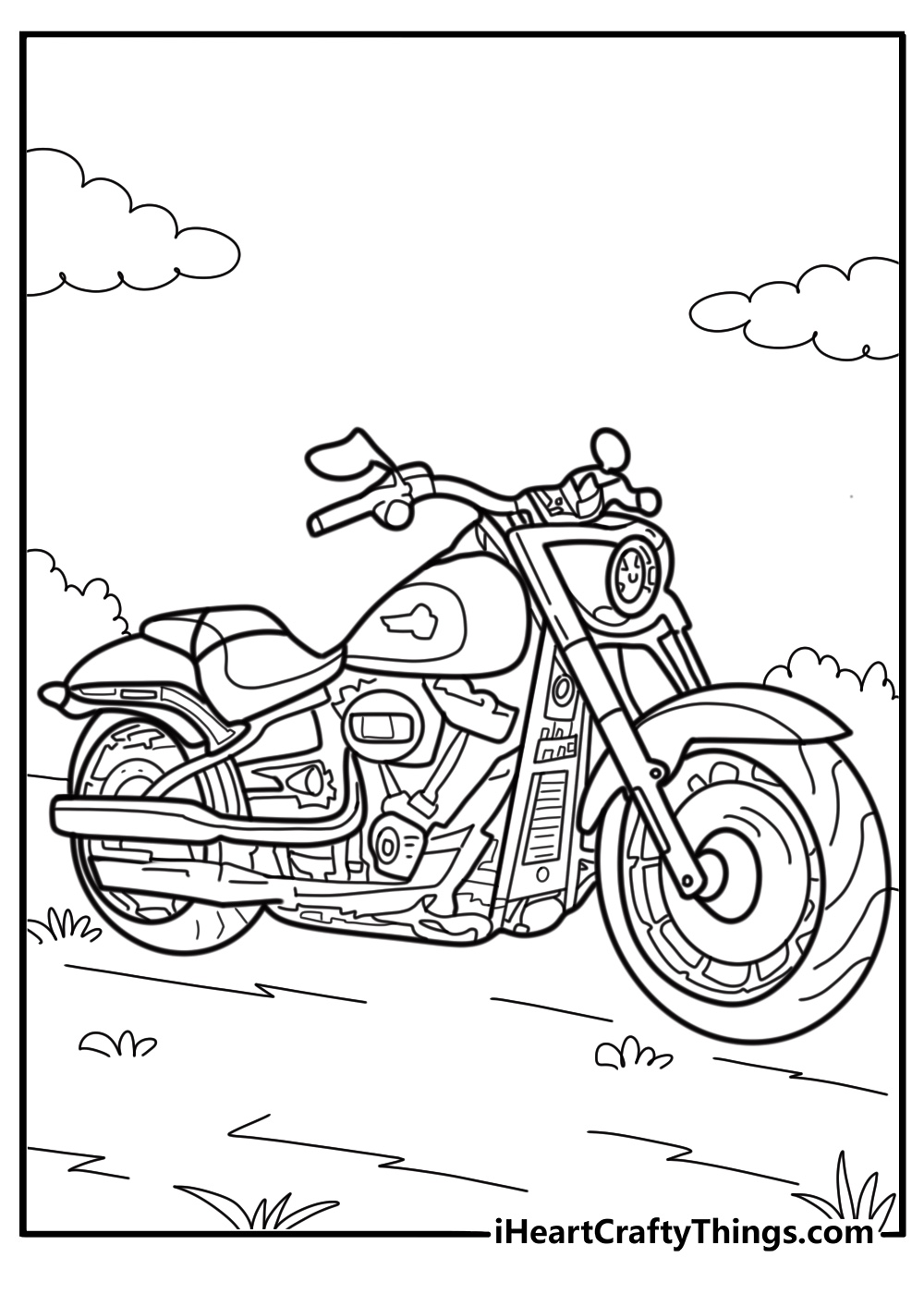 Harley Davidson Fat Boy model in profile view coloring sheet