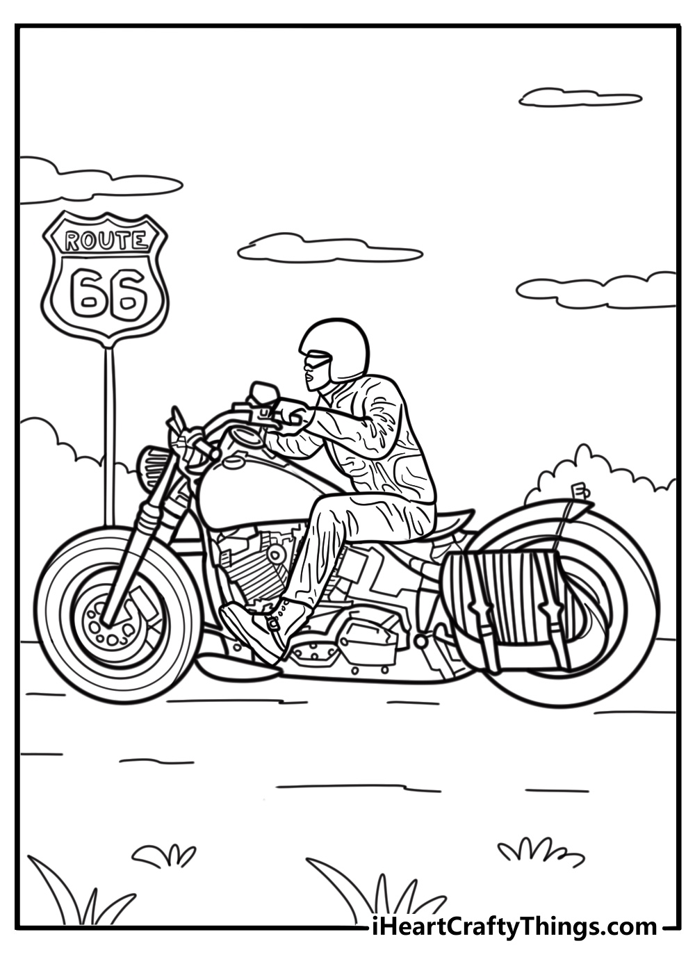 Harley Davidson motorcycle cruising down Route 66 coloring sheet