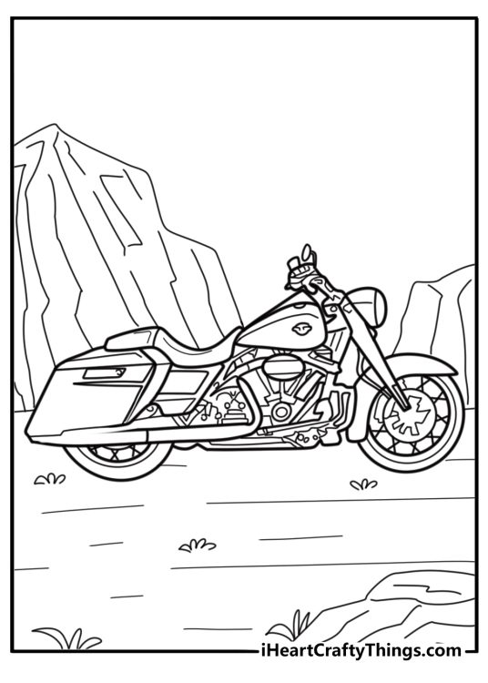 Harley Davidson motorcycle parked by a mountain lake coloring sheet