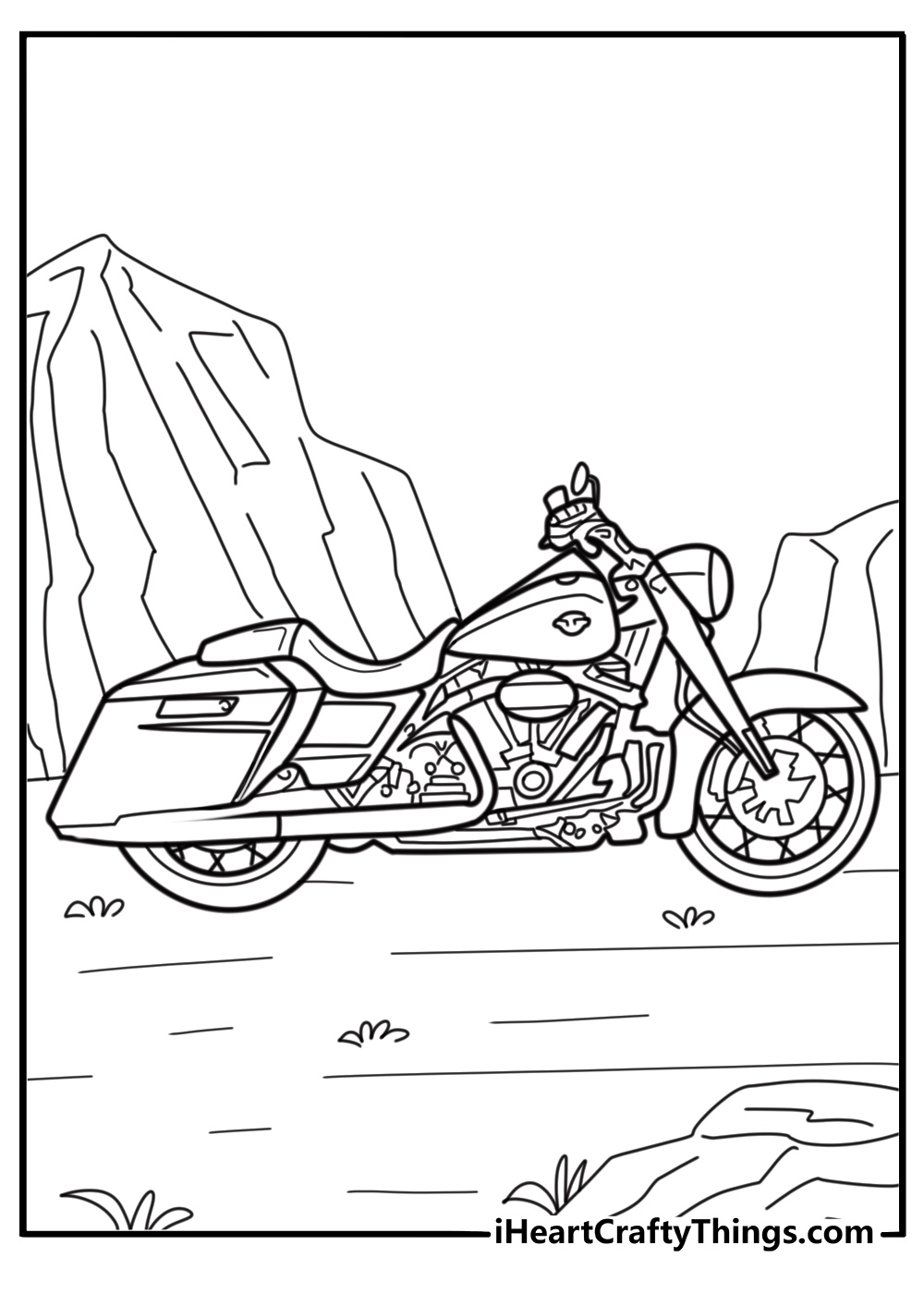 Harley Davidson motorcycle parked by a mountain lake coloring sheet