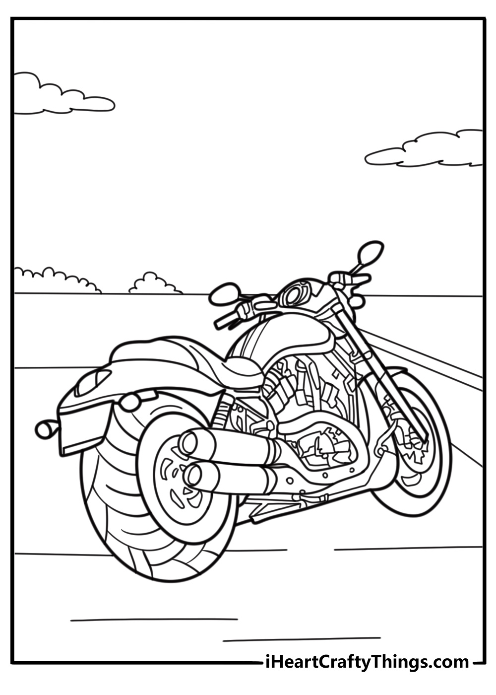 Harley Davidson motorcycle parked on open road coloring page