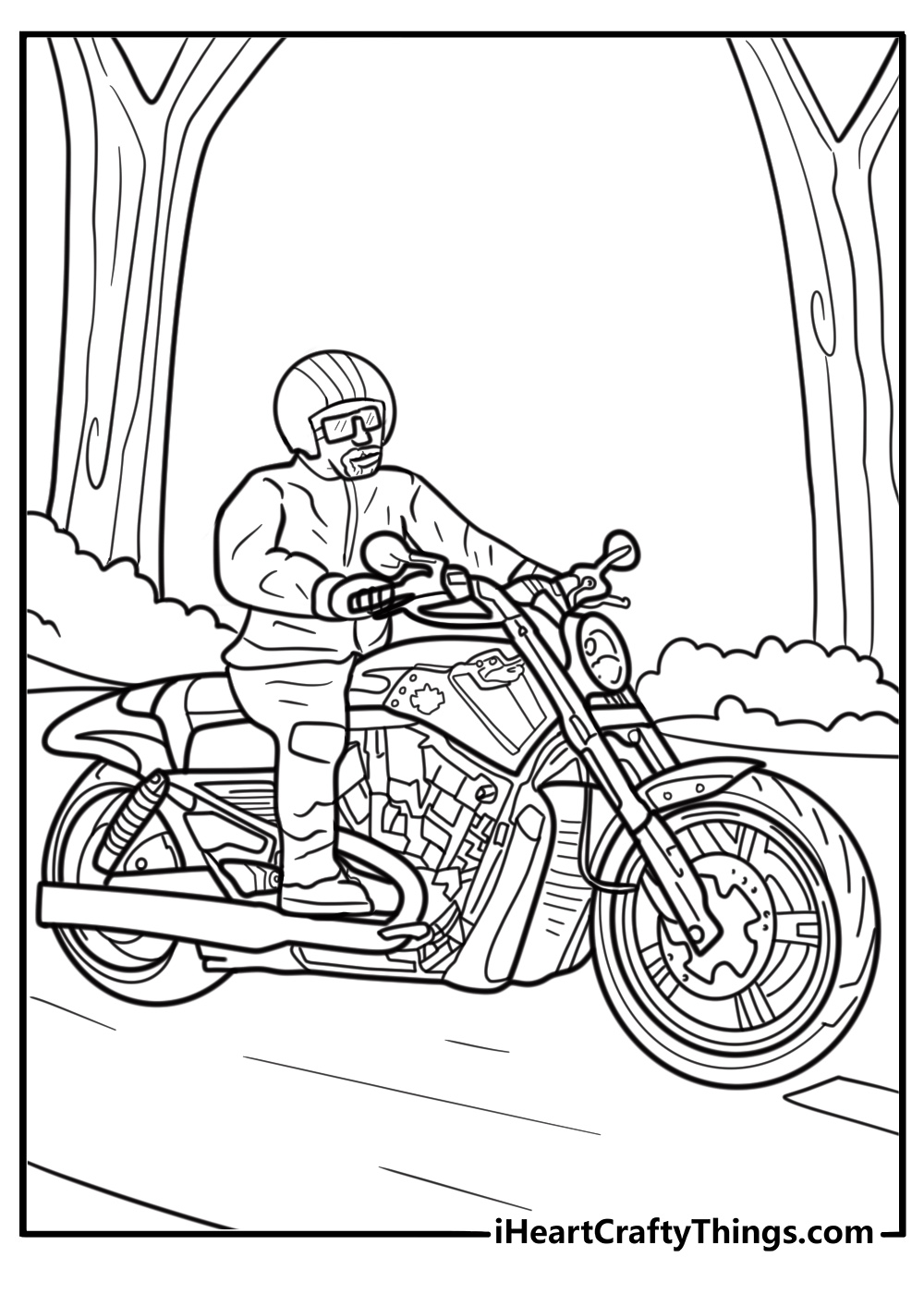 Harley Davidson motorcycle speeding down coastal highway coloring page