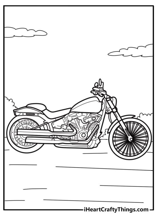 Harley Davidson motorcycle with chrome engine printable coloring sheet