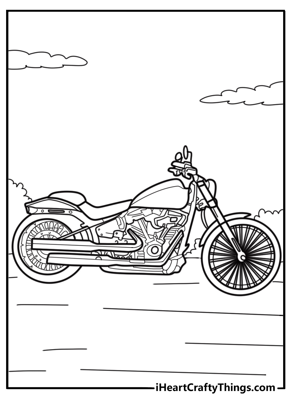 Harley Davidson motorcycle with chrome engine printable coloring sheet