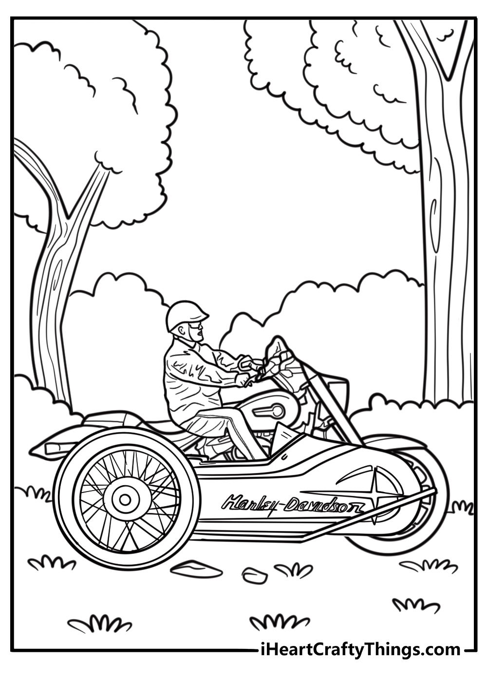 Harley Davidson motorcycle with sidecar driving through forest coloring sheet