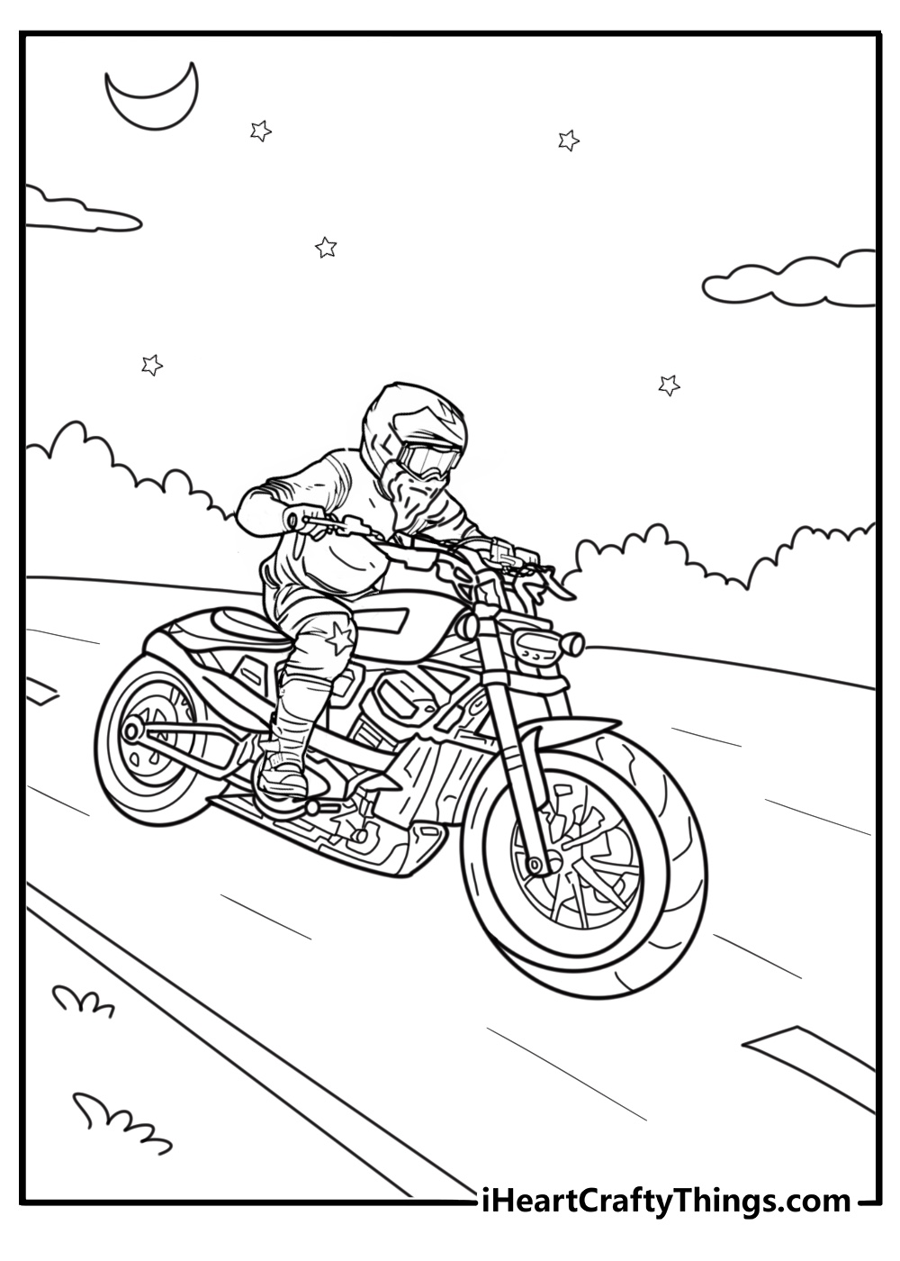 Harley Davidson night ride scene under full moon coloring sheet