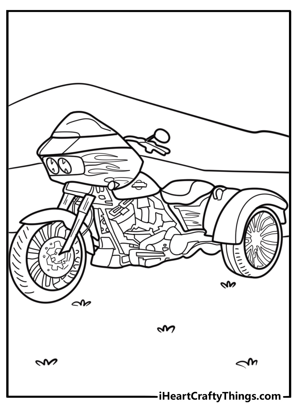 Harley Davidson trike with custom paint job printable coloring sheet