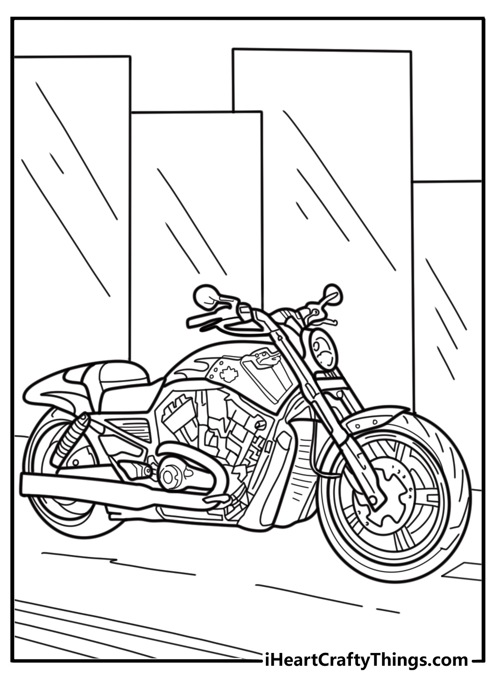 Harley Davidson V Rod muscle bike on city street coloring page