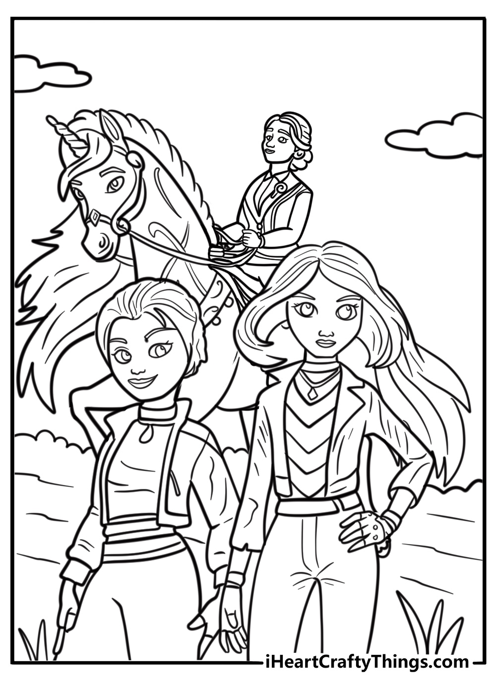 Headmistress and students at Unicorn Academy gate detailed coloring sheet