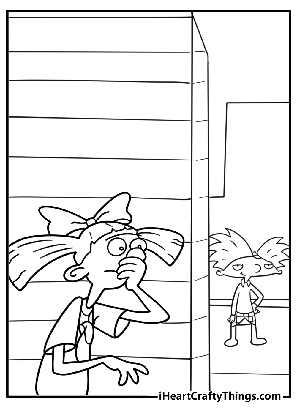 Helga hiding behind a wall watching Arnold coloring page