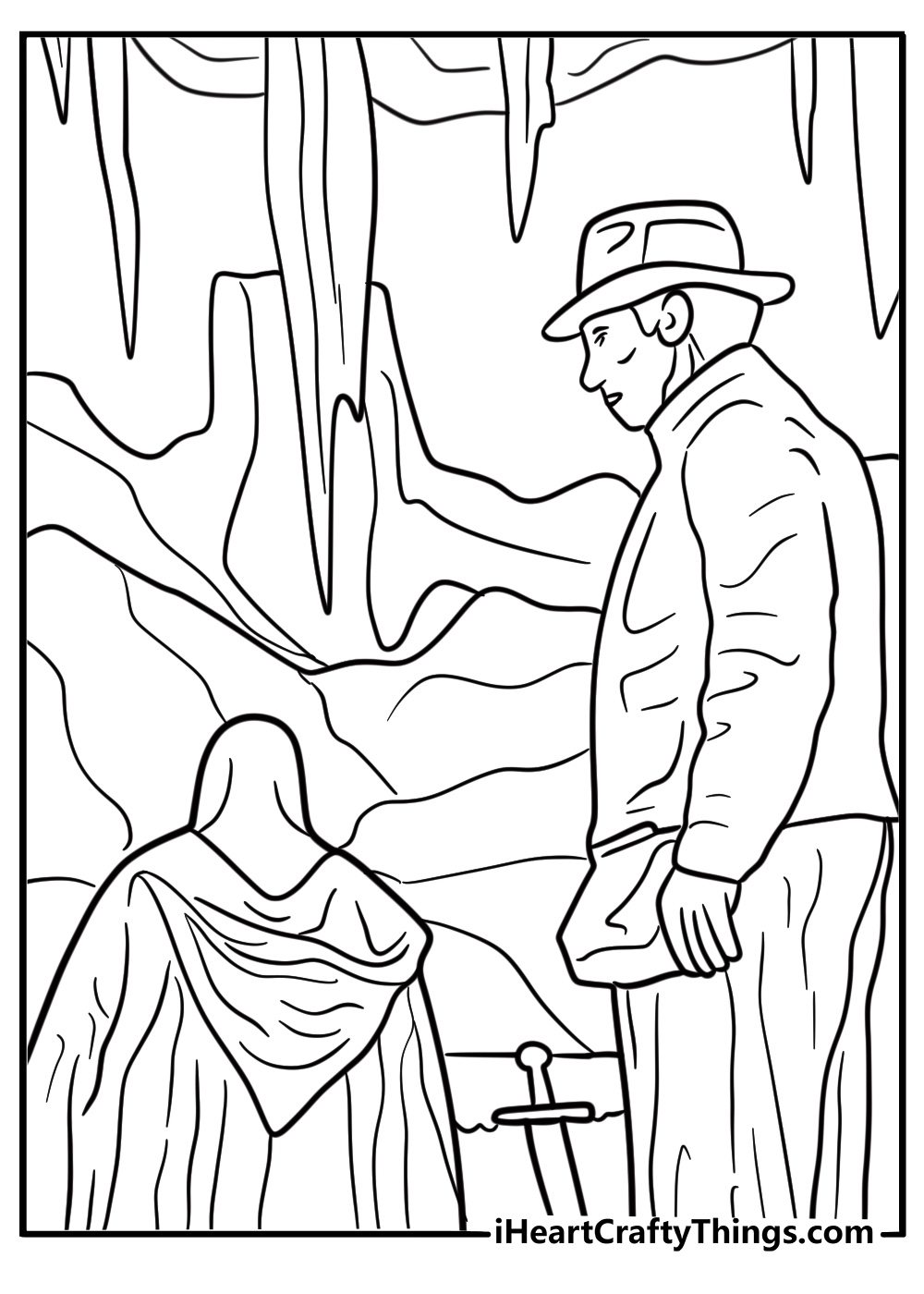 Indiana Jones confronting villains in a tomb coloring page