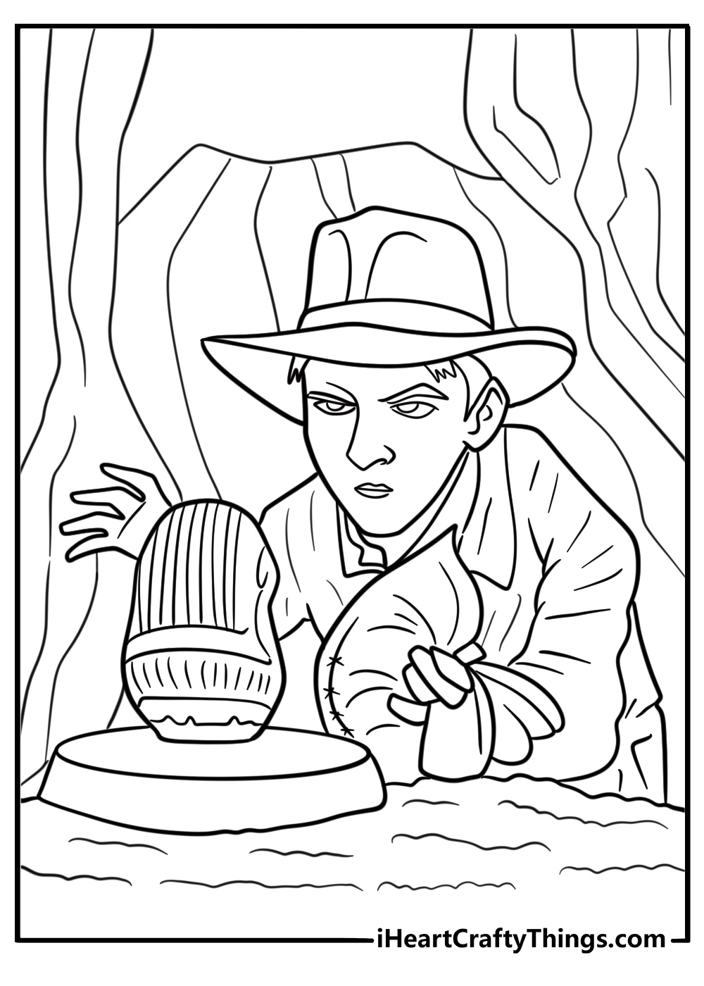 Indiana Jones examining ancient symbols coloring page