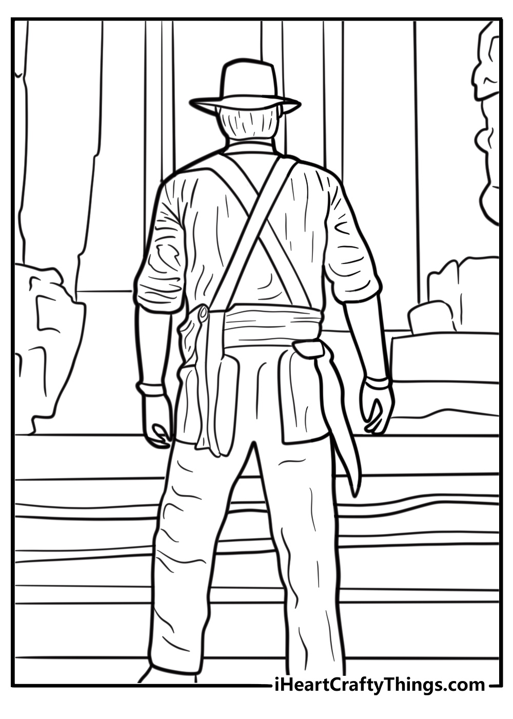 Indiana Jones exploring an ancient temple coloring page