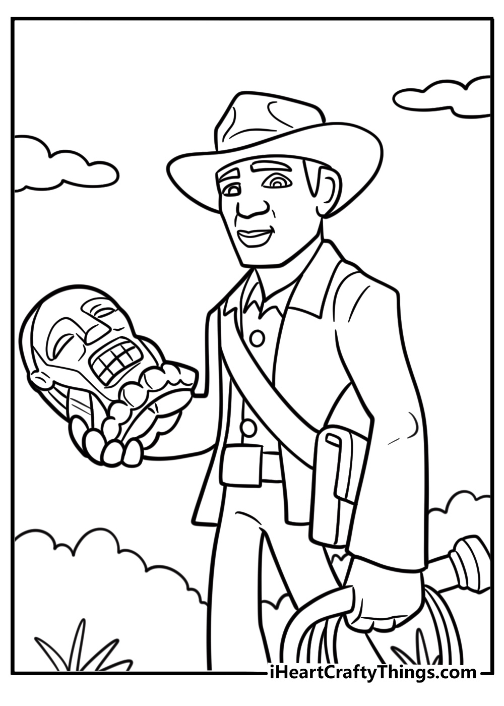 Indiana Jones in a jungle with ancient statues coloring page