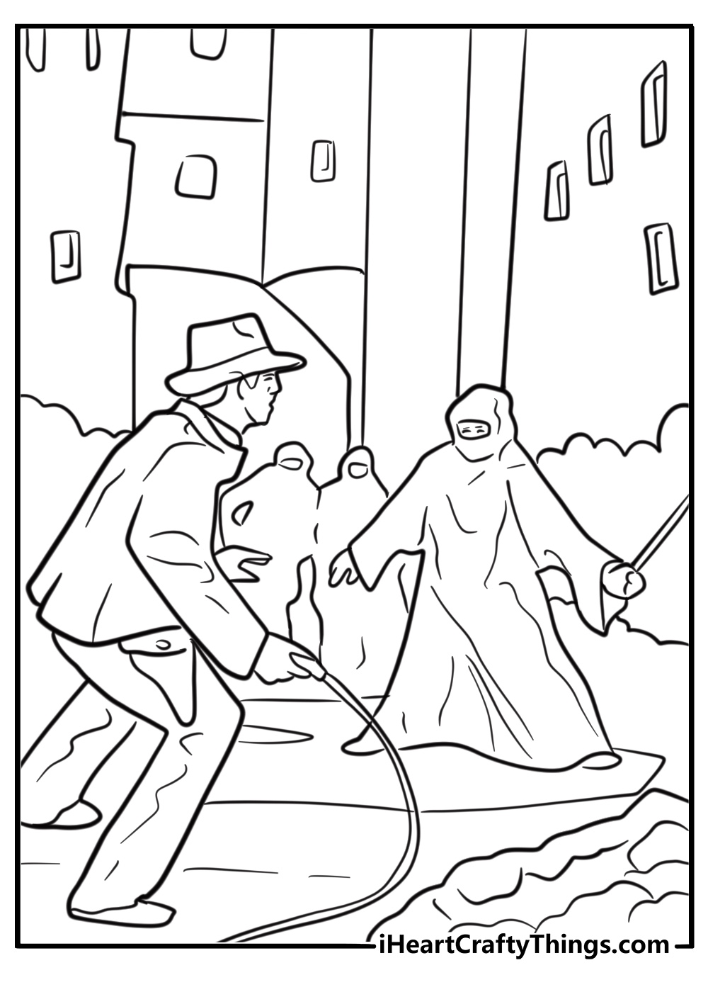 Indiana Jones in a marketplace chase scene coloring page