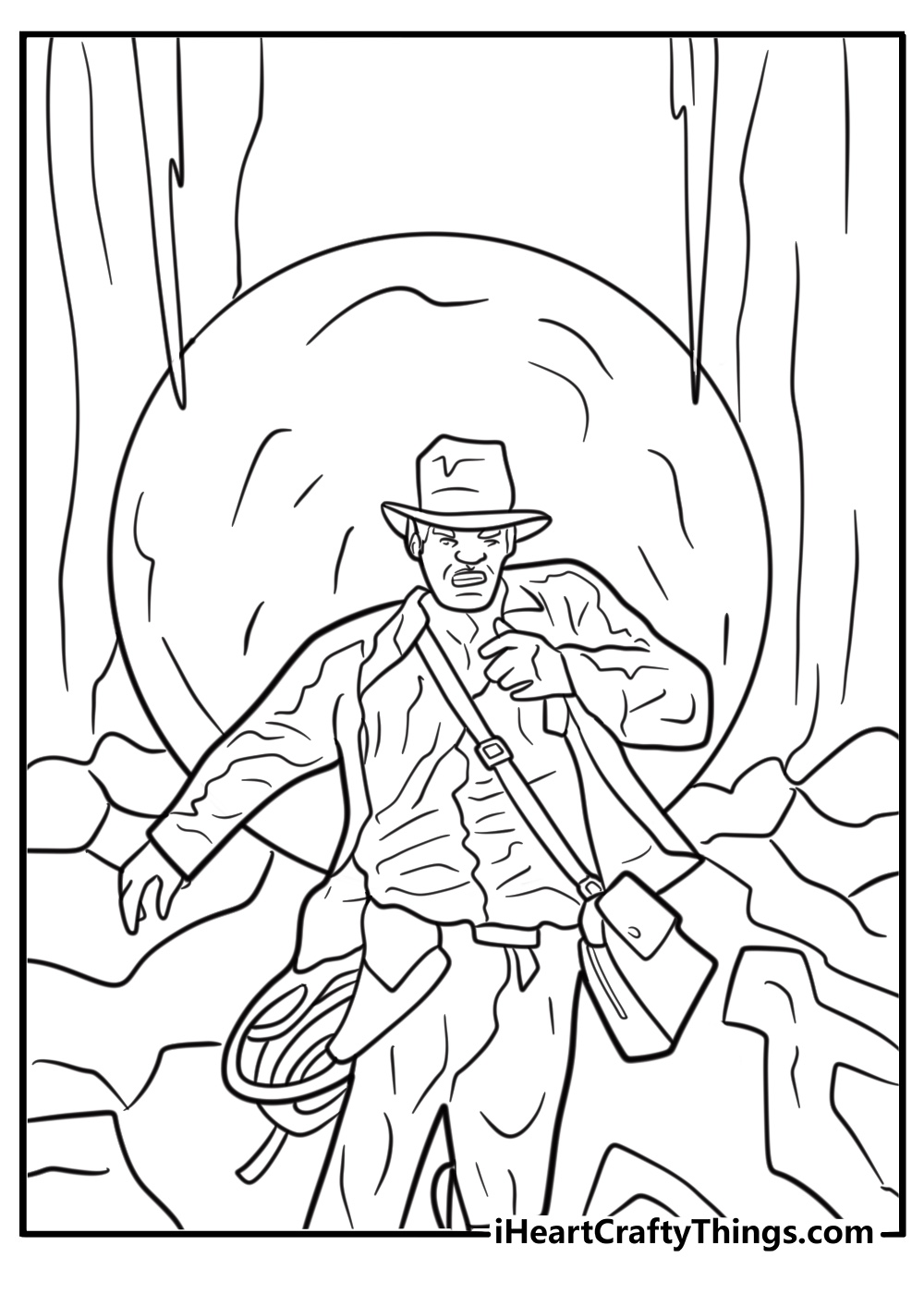 Indiana Jones inside a booby trapped corridor coloring page