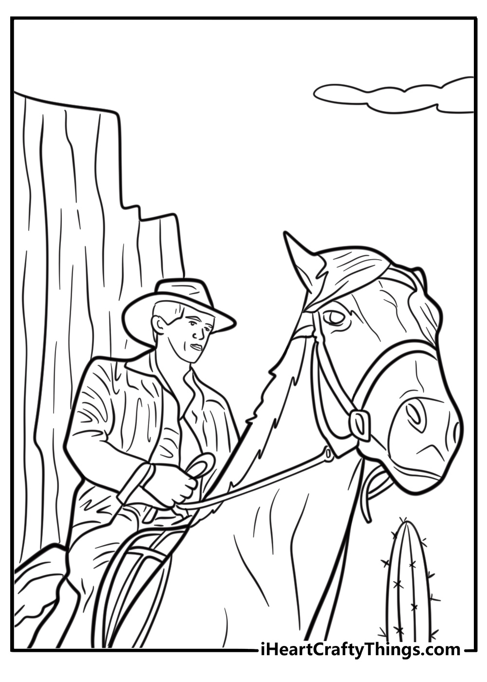 Indiana Jones riding a horse in the desert coloring page