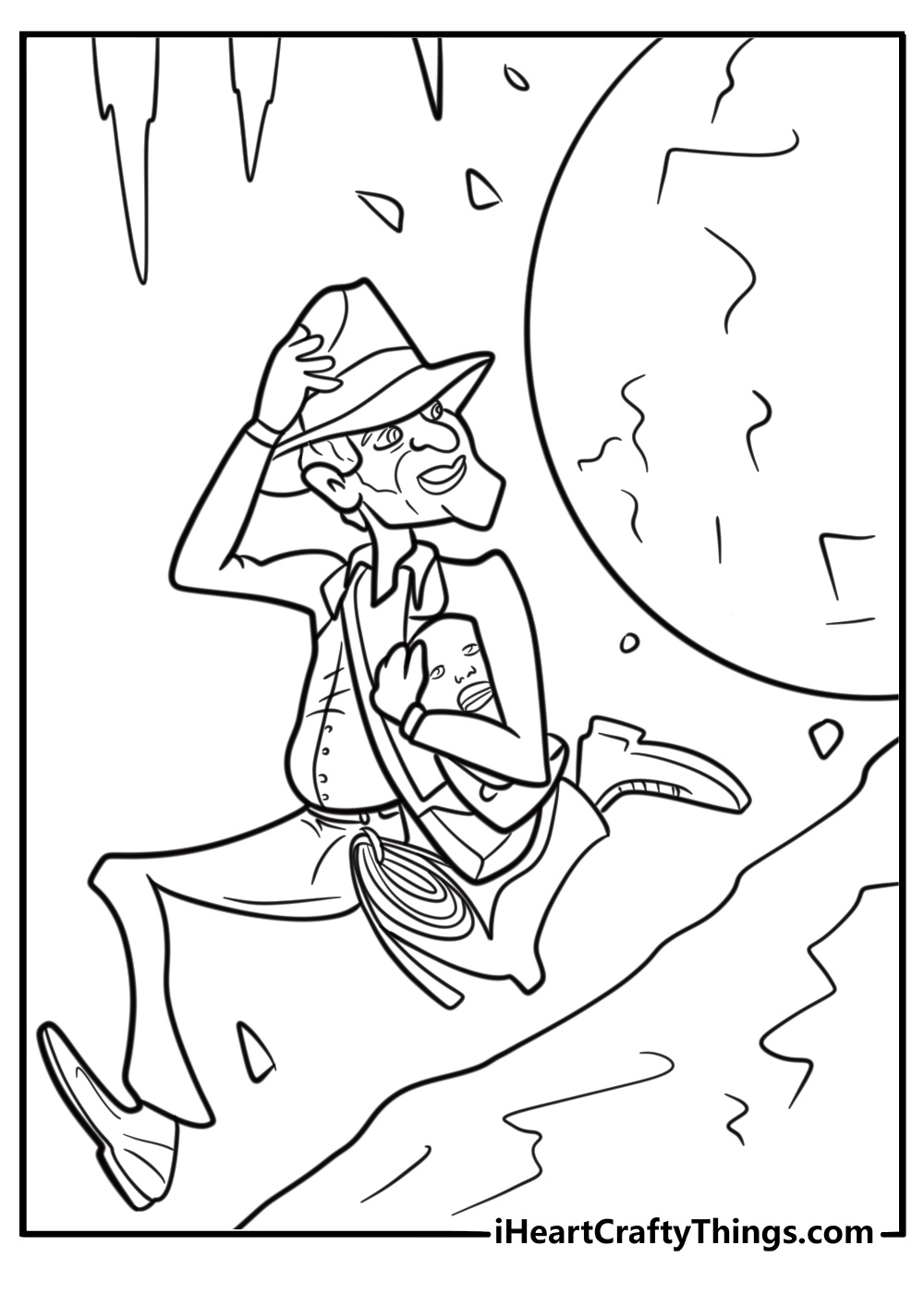 Indiana Jones running from a boulder coloring page