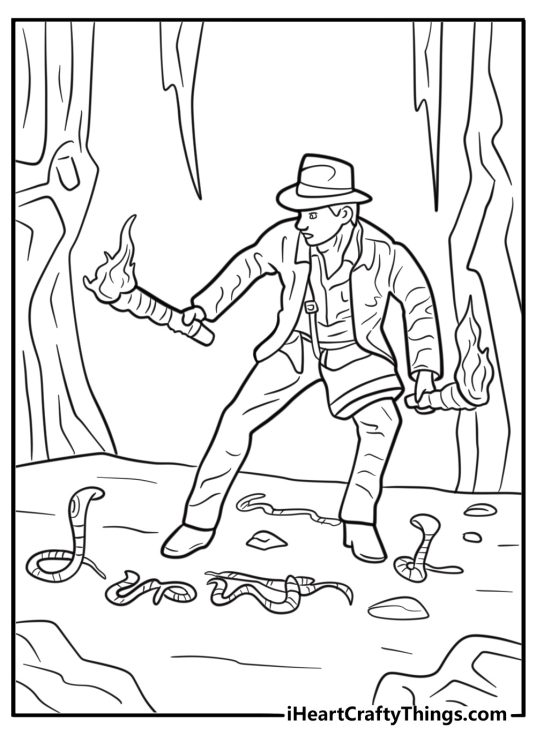Indiana Jones surrounded by snakes coloring page