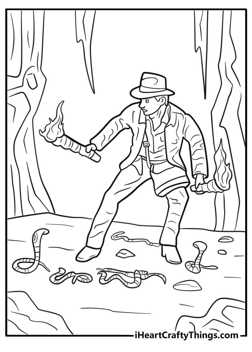 Indiana Jones surrounded by snakes coloring page