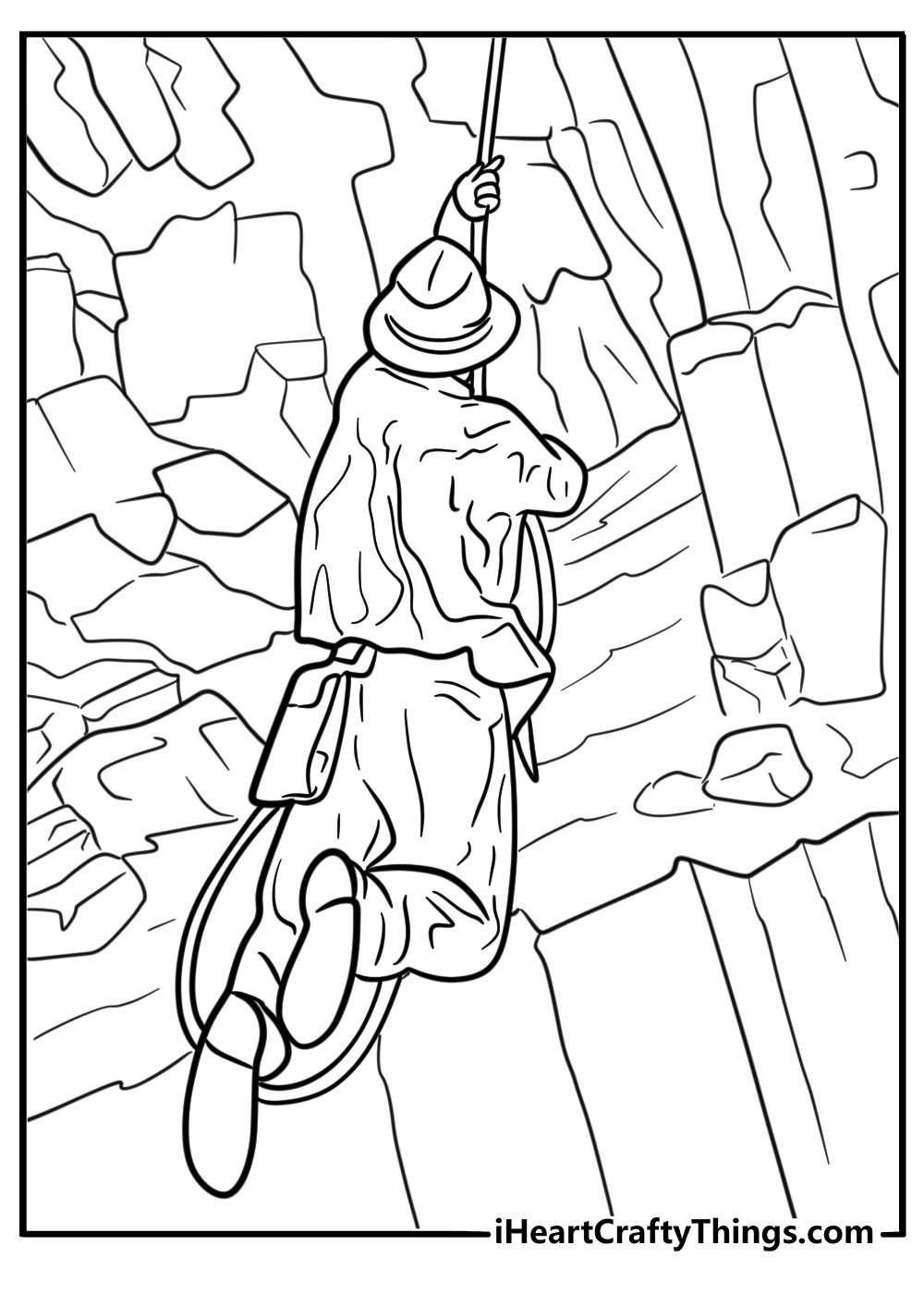 Indiana Jones swinging across a pit coloring page
