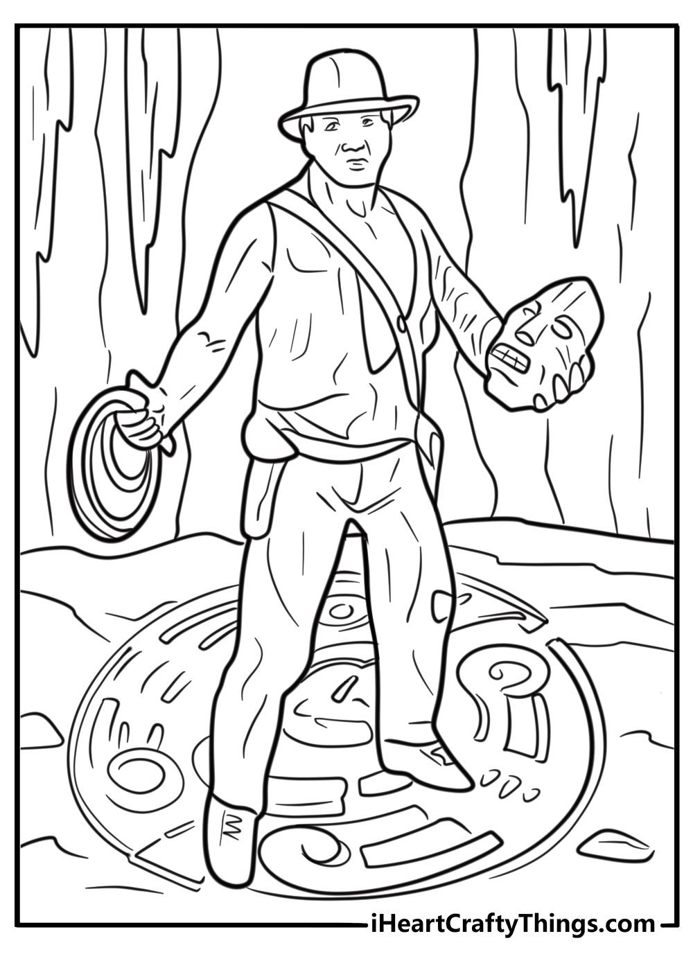 Indiana Jones unlocking a secret door coloring page