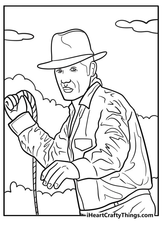 Indiana Jones using his whip to grab an object coloring page