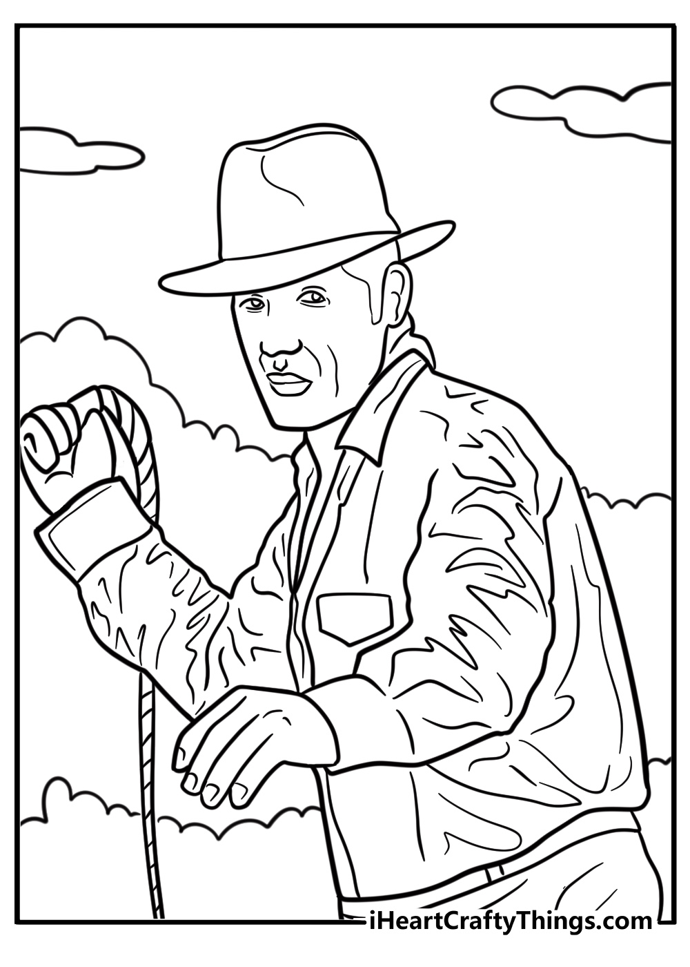 Indiana Jones using his whip to grab an object coloring page