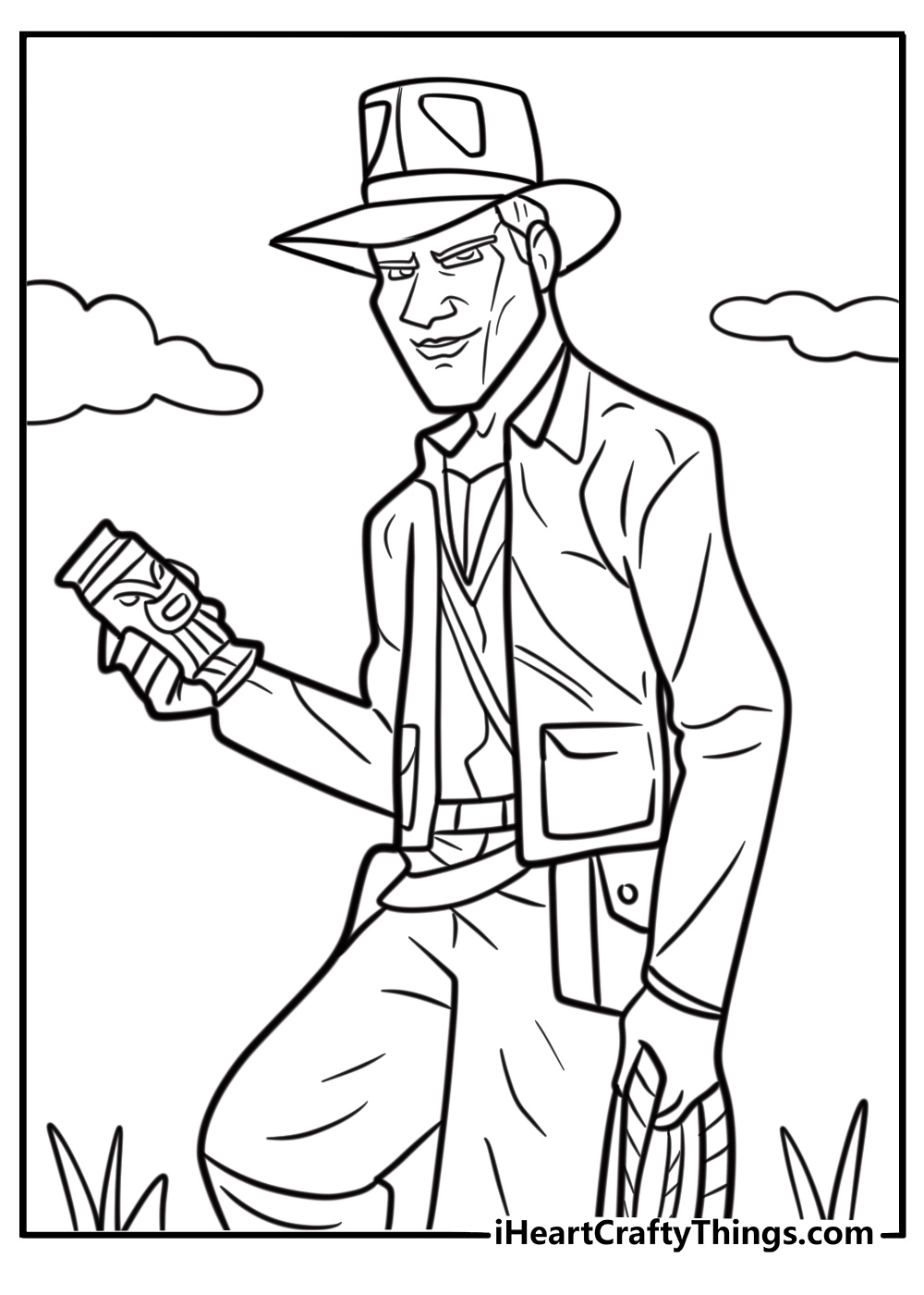 Indiana Jones with a satchel and artifacts coloring page