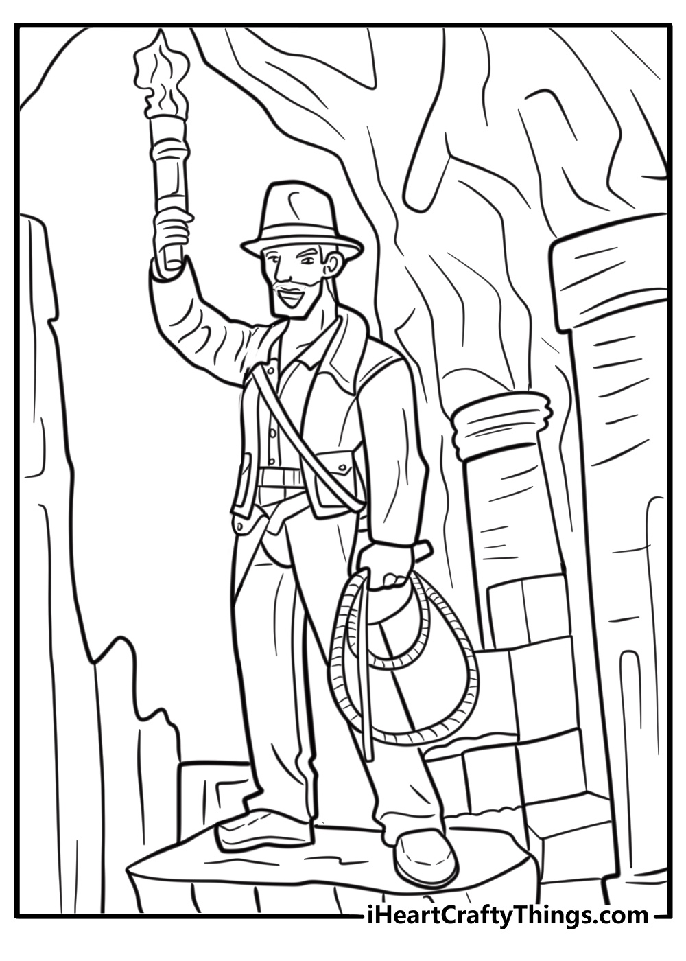 Indiana Jones with a torch inside ruins coloring page