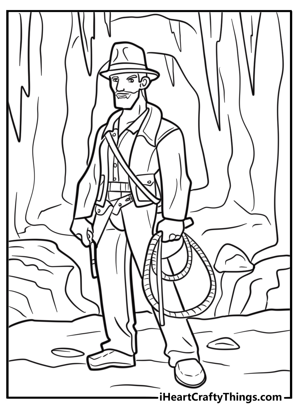 Indiana Jones with his whip in a cave coloring page